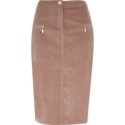 Dusty pink cord zip pocket midi pencil skirt